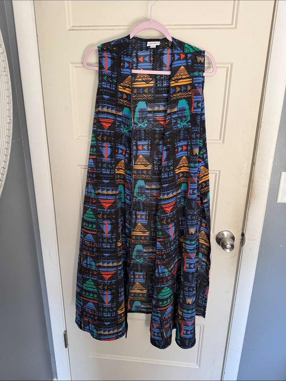 LuLaRoe Black Vest with Multicolor Tribal Motif